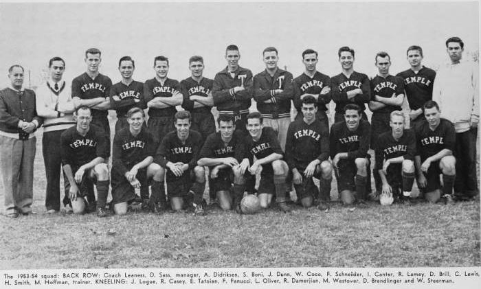 The 1953 Temple team. Oliver is front row, fifth from the left