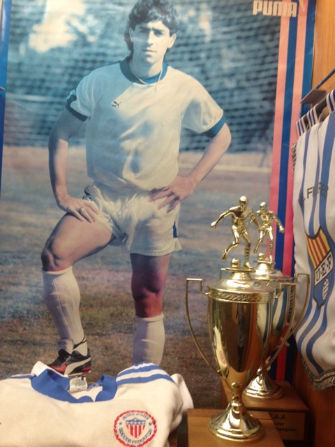 St. Benedict’s Prep trophy case with Tab Ramos’ 1990 World Cup jersey. Photo: Courtesy of St. Benedict’s Prep School.
