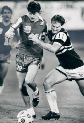 While dominant in the highly-competitive NASL that year, Toronto Blizzard (lead by David Byrne, left) lost the finals in a best-of-three series to Chicago Sting. Photo courtesy of NASLjerseys.com.