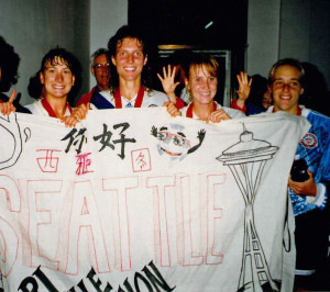 From left, Lori Henry, Michelle Akers, Shannon Higgins and Amy Allmann, minutes after the USWNT won the first FIFA Women’s World Cup. (Courtesy Lori Henry)
