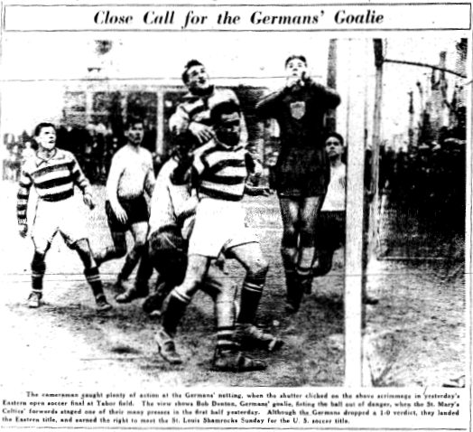 The German Americans lose at home to Brooklyn’s St. Mary’s Celtic but advance to the National Challenge Cup final on aggregate. Photo from April 20, 1936 edition of the Philadelphia Inquirer.