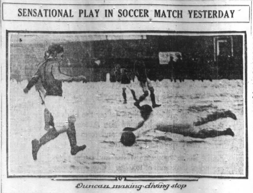 Bethlehem goalkeeper Duncan makes a save in teh game against the Chicago All-Star team. From the December 24, 1916 edition of the Chicago Daily Tribune.