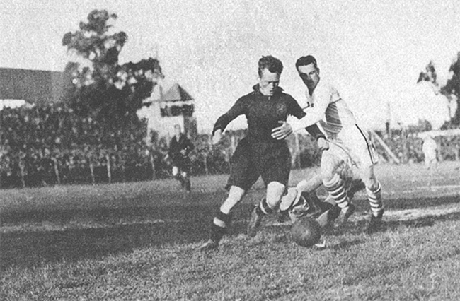 Bert Patenaude (in white) with the US at the 1930 World Cup.