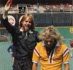Rock and Roll soccer: Rick Wakeman and Peter Frampton at a Fury charity match.