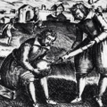 A 17th Century engraving from England showing the inflating of an animal bladder football.