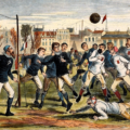 England vs Scotland, 1872. Note how the goal is constructed — and the scrum of players in front of it.