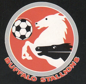 Buffalo Stallions logo with a soccer ball, a black horse and a white horse