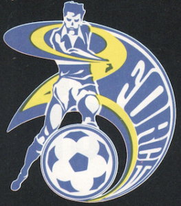 Logo for the Cleveland Force club with a soccer ball and soccer player