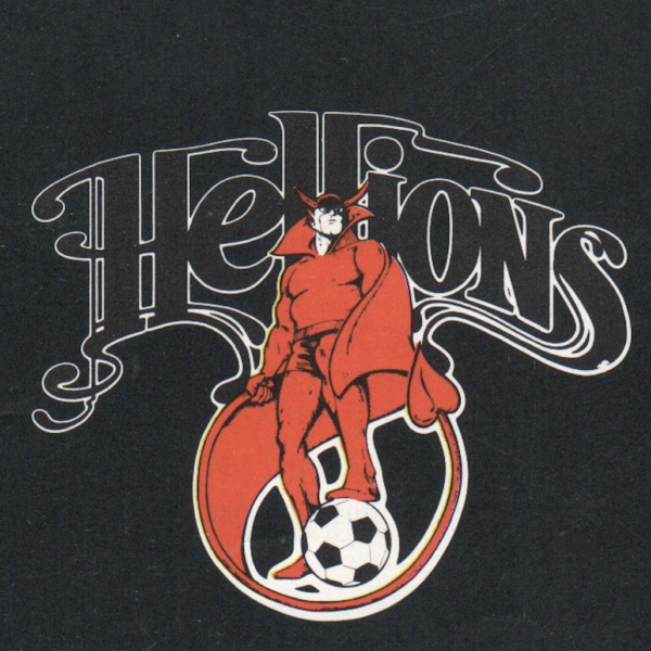 Logo for the Hartford Hellions club with a devil standing on a soccer ball