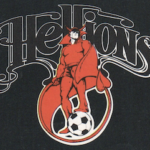 Logo for the Hartford Hellions club with a devil standing on a soccer ball