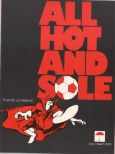 A red devil kicking a soccer ball with the wrods All Hot and Sole