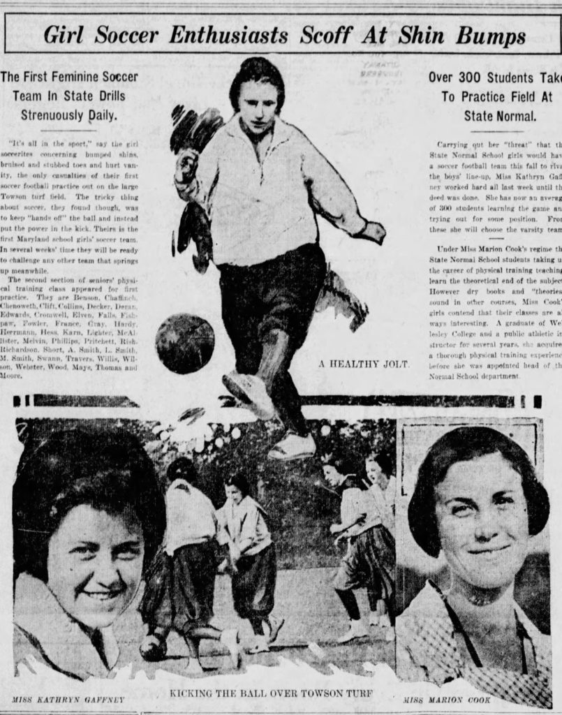 Newspaper page with photographs of women playing soccer and of the two female coaches
