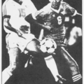 Italy's Paolo Rossi (L) and  Peru's Jaime Duarte battle in the FIFA All Star Game. The Record, August 8, 1982.