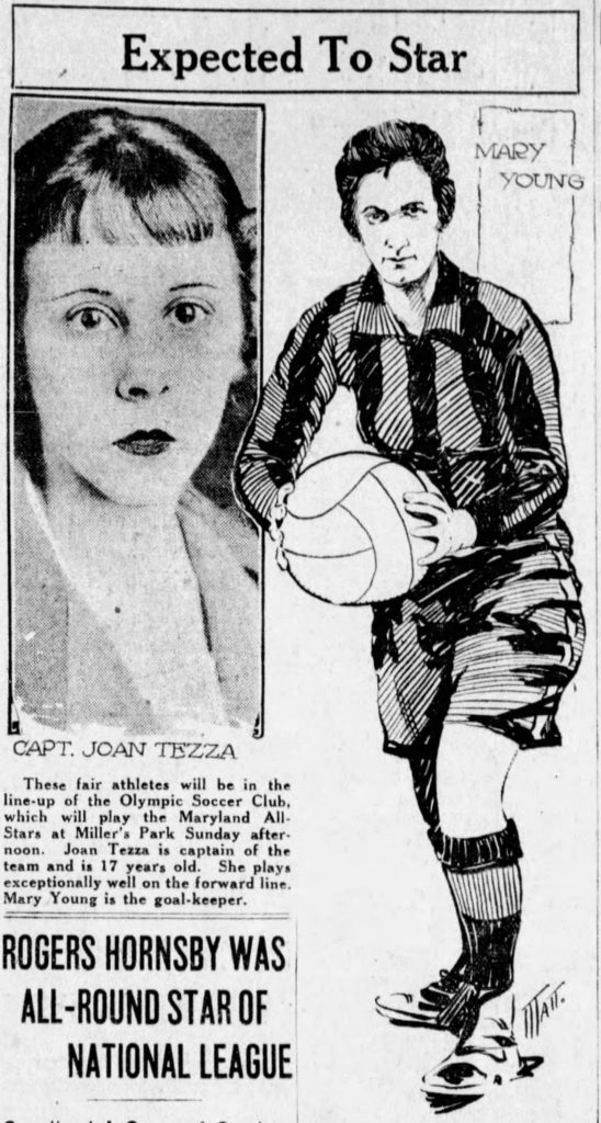 Newspaper page with photographs of female soccer players