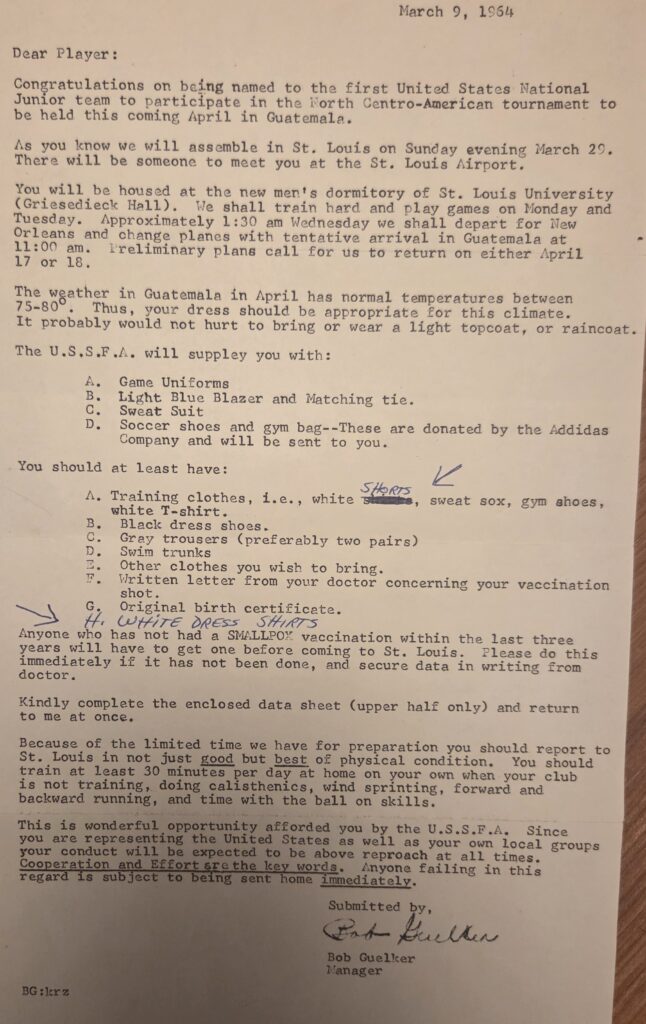 USSFA team selection letter to Alex Popovich